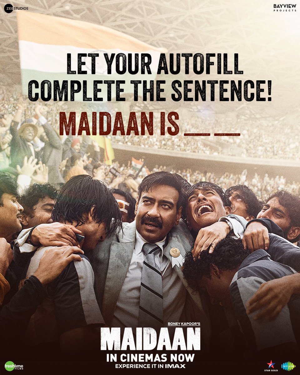 We'll go first: #Maidaan is electrifying! ⚽🙌🏻 Now your turn, start commenting now. 💬 Book your tickets now. 🔗 - linktr.ee/Maidaan_ Watch Maidaan with your family in cinemas now! #MaidaanInIMAX @ajaydevgn #PriyamaniRaj @raogajraj @BoneyKapoor @iAmitRSharma @arrahman…