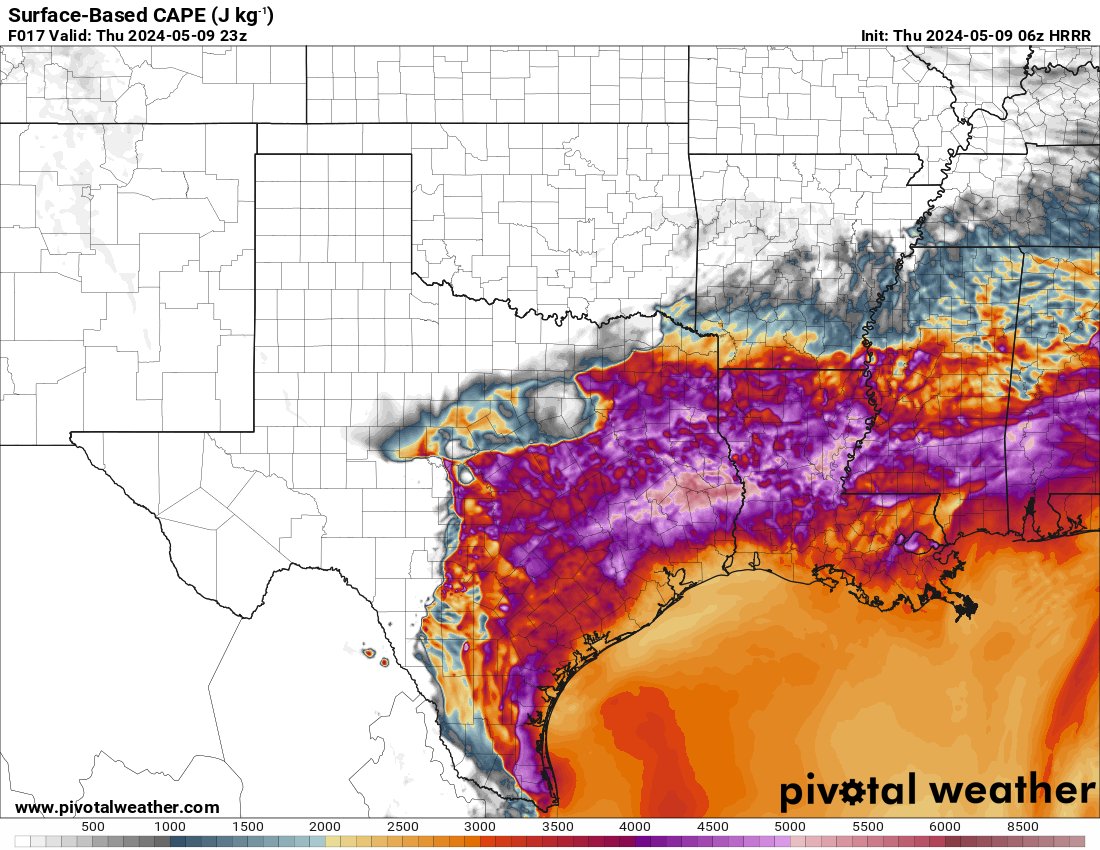 Severe weather is expected over TX today. Lots of CAPE and good lapse rates will make damaging winds and large hail the main threats. Tornadoes will be harder to come by as there is a lack of low-level shear. If a storm can interact with a boundary, the tornado potential goes up.