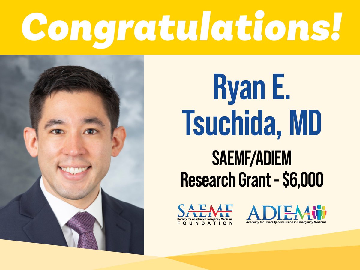 Congratulations to Dr. Tsuchida on receiving #SAEMF / @SAEM_ADIEM funding for his project: 'A Qualitative Case Study Analysis of Diversity, Equity, and Inclusion Leaders in #EmergencyMedicine.' Learn more: ow.ly/4aHC50RpuoR Donate: ow.ly/XRNJ50RpuoX