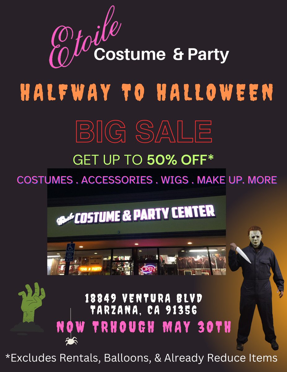 Half-o-ween SALE!! 
Celebrate halfway to Halloween with a store wide sale! 
Take up to 50% off store retail inventory!
Costumes. Accessories. Wigs. Make Up. Gifts. & More!
Sale ends May 10.

#Sale #StoreSale #HalfwayToHalloween #Halloween #HalloweenSale
#Costumes #Accessories ...