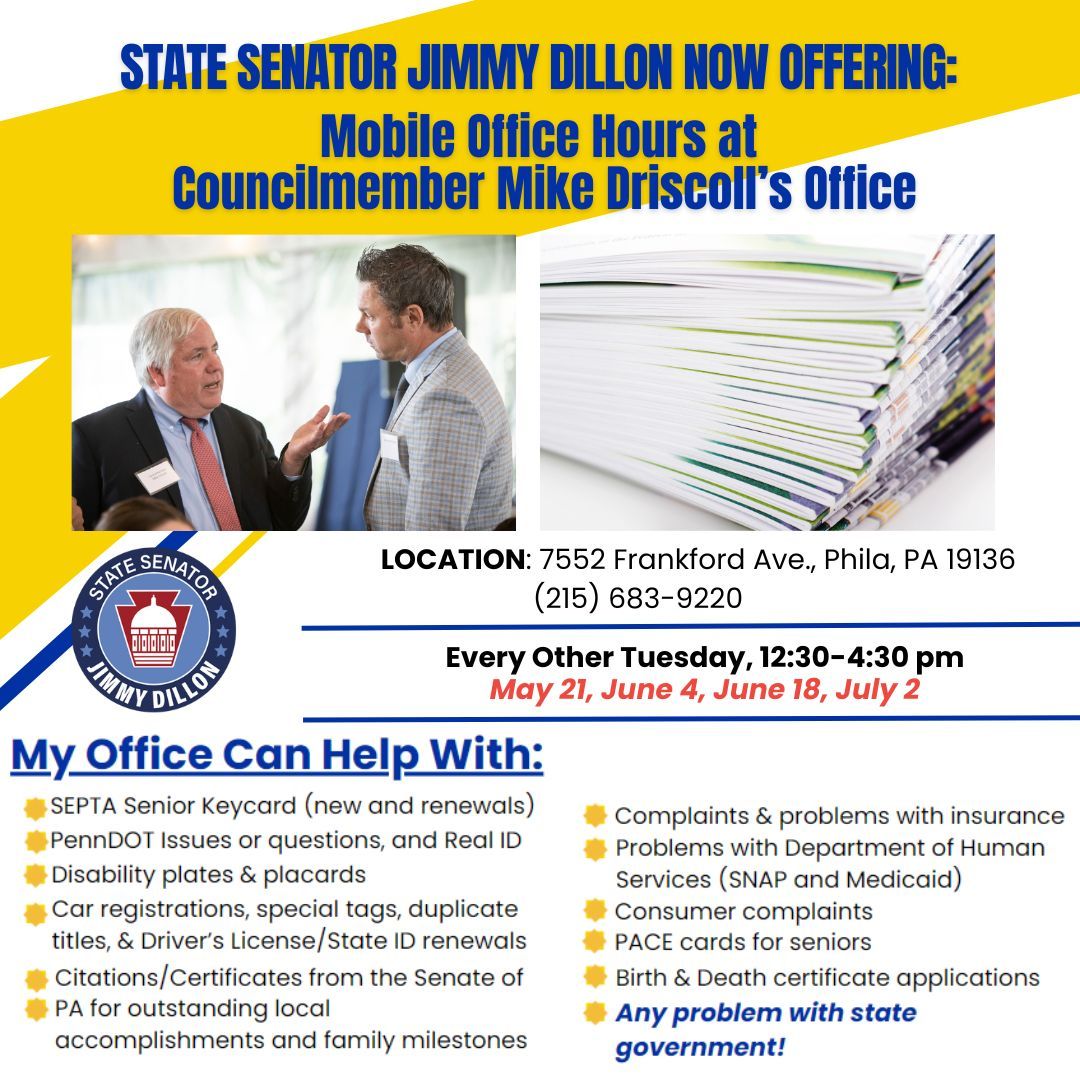 Folks - if you have been utilizing our mobile office hours, please note the new dates! I will have a member of my staff at Councilmember Mike Driscoll's office on May 21, June 4, June 18, and July 2 to help with any state related constituent service requests!