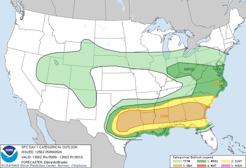 7:59am CDT #SPC Day1 Outlook Enhanced Risk: from central Texas to parts of the Georgia/South Carolina Coast spc.noaa.gov/products/outlo…