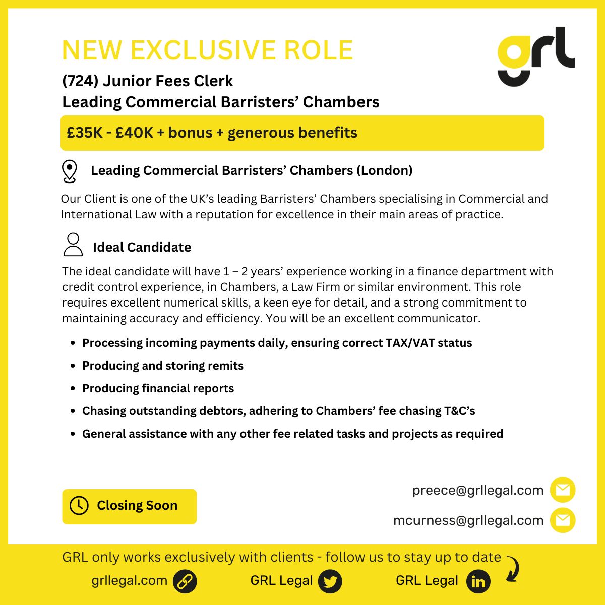 (724) Junior Fees Clerk

Partnered exclusively with a Leading Barristers' Chambers based in London, we are seeking a Junior Fees Clerk to join their forward thinking and friendly team. 

Send your CV ⬇️ 
📩 recruitment@grllegal.com 

#legalrecruitment