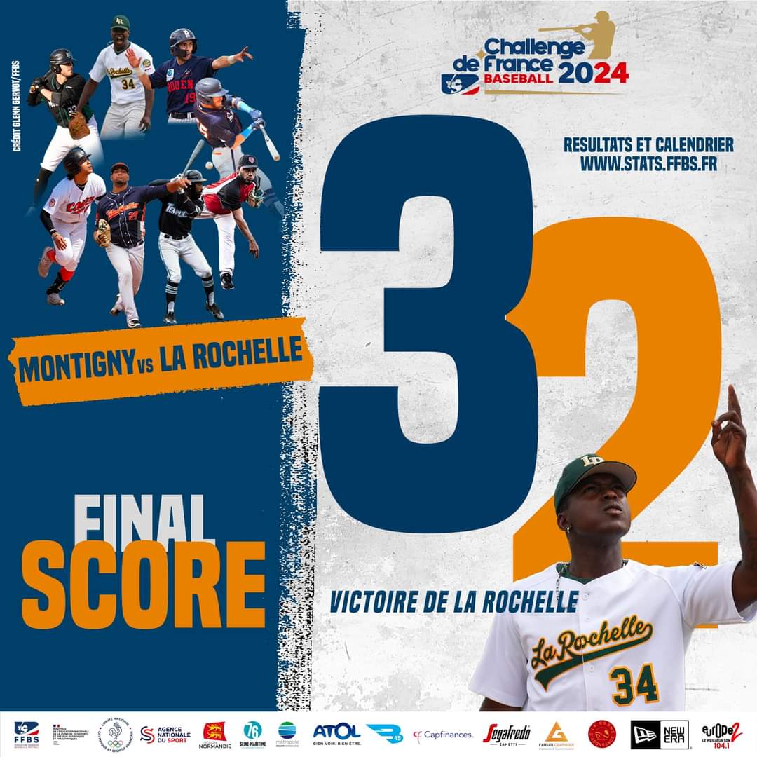 FINAL SCORE - Challenge de France Baseball 2024 ⚾️ Victoire des Boucaniers de La Rochelle face aux Cougars de Montigny : 3-2 ! #ChallengedeFrance #Baseball #France