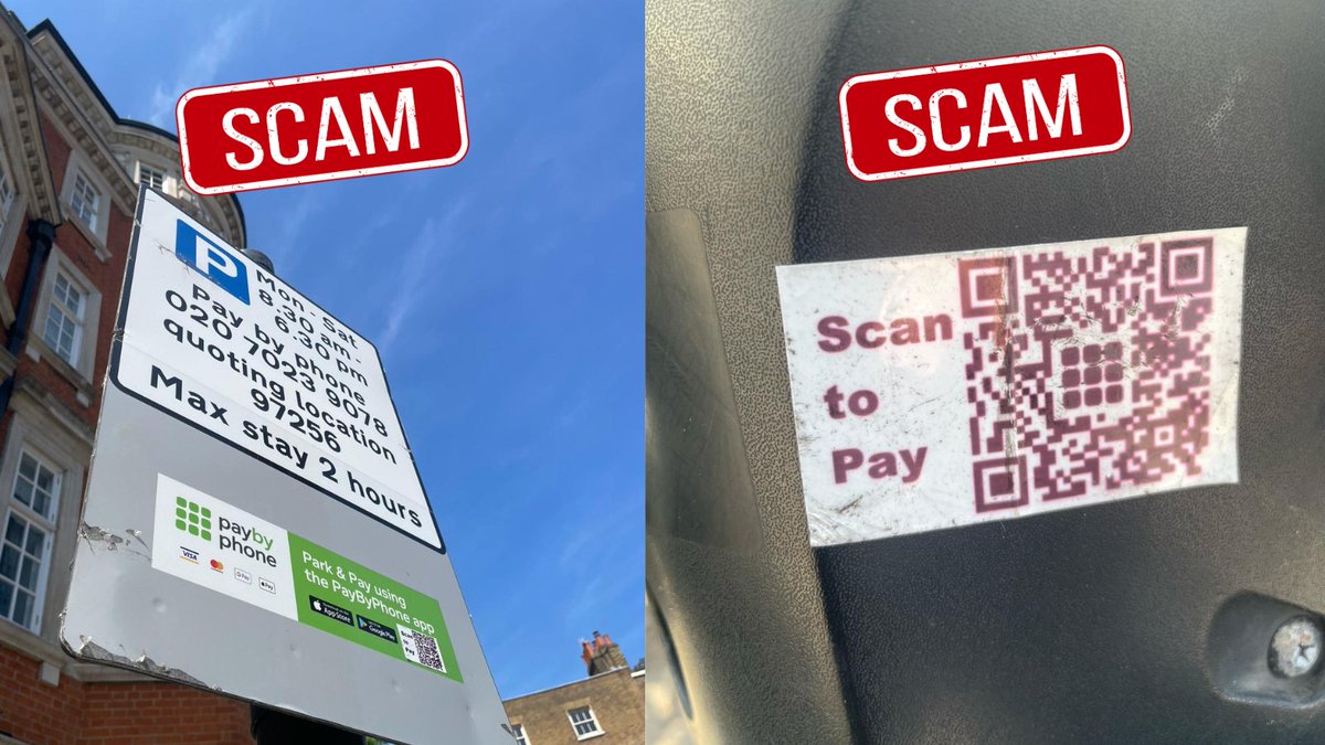 🚨 We're aware of some fraudulent QR codes which have been stuck to signage in Sloane Gardens and Bourne Street, claiming to be how to pay for parking. This is a SCAM. Our officers are working quickly to remove the stickers. To pay for parking in out borough use the @PayByPhone