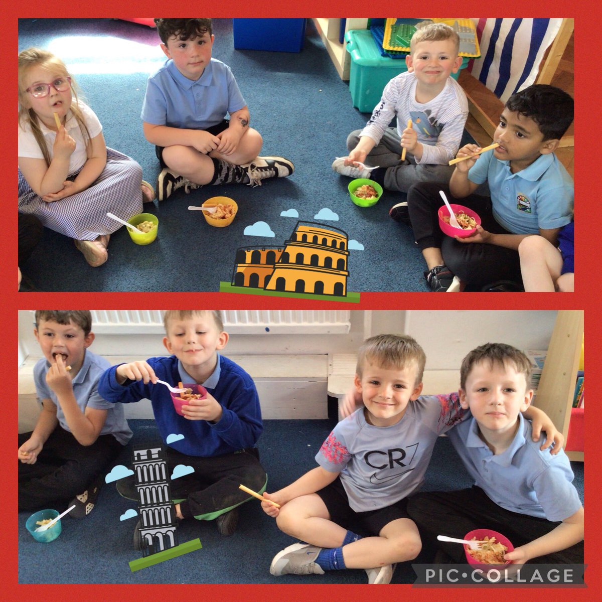 🇮🇹FC1🇮🇹 We have had a fantastic afternoon listening to popular Italian music and tasting a range of Italian foods 🍝🧀. We really enjoyed trying Parmesan cheese on our pasta. The tomato sauce was delicious but we weren’t too keen on the bruschetta 😄. What a fun day 👍🏼🇮🇹