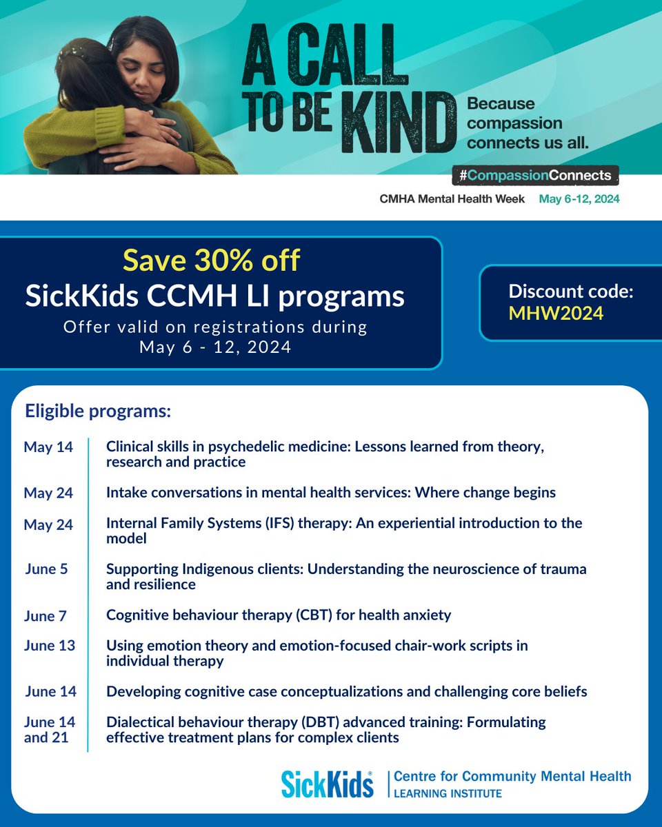 #ICYMI - In recognition of #MentalHealthWeek, we are offering a 30% discount 🧠 Please see below for eligible programs - use discount code MHW2024 and register by May 12, 2024!

Learn more ➡️ ow.ly/IOB750RzTMK

@CMHA_NTL