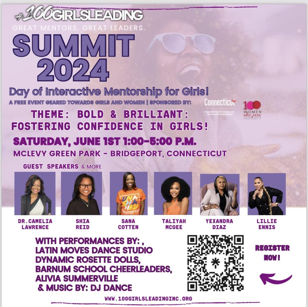 Get ready for @100girlsleading annual Summit! Spend the day at this event with interactive mentorship and many performances! Register with the QR code to join them on June 1st from 1 pm to 5 pm at McLevy Green Park.