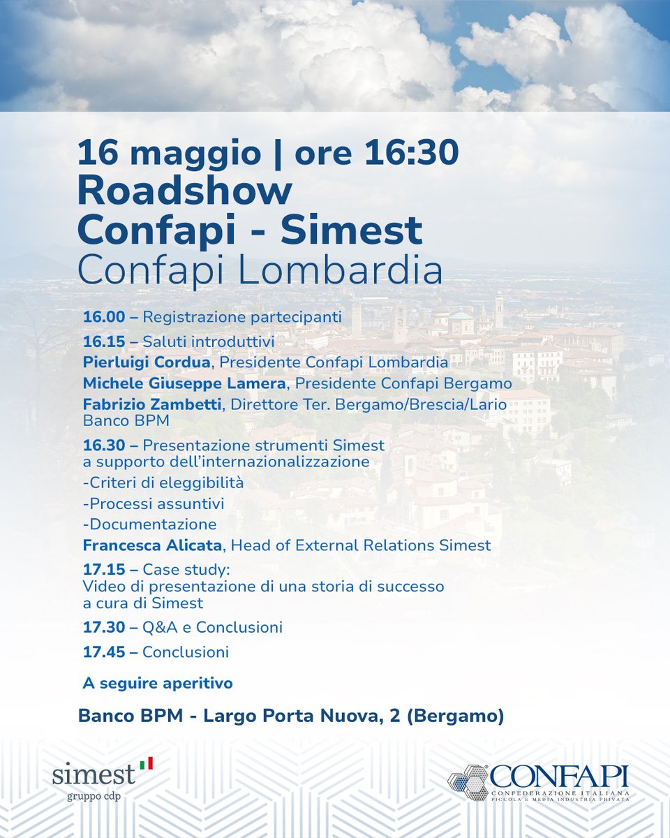 📌 #Bergamo 1️⃣6️⃣maggio
Confapi e @SIMEST_IT organizzano un incontro di formazione e informazione per far conoscere e approfondire gli aspetti tecnici e operativi degli strumenti di Simest per sostenere le imprese italiane nel processo di internazionalizzazione
 #confapilombardia