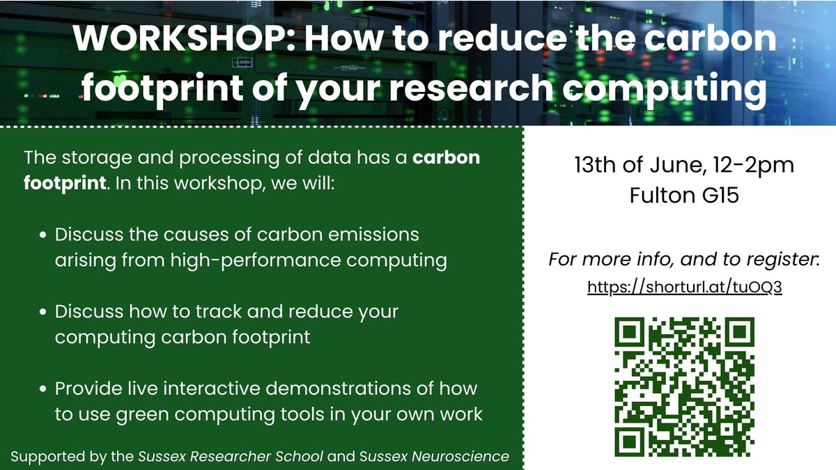 You are invited WORKSHOP: How to reduce the carbon footprint of your research computing WHEN: 13th of June 2024, 12-2pm WHERE: Fulton G15 REGISTER HERE: tickettailor.com/events/univers…