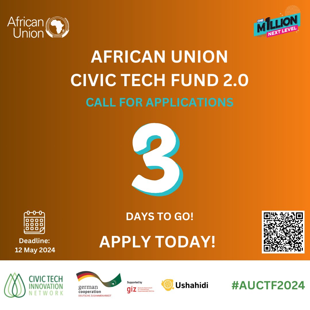⏰️ 3 DAYS TO THE DEADLINE! Are you leveraging tech to drive citizen-led transformative action across the continent? If yes, apply for the second edition of the AU Civic Tech Fund! 🔗: t.ly/veSUO For more info, visit t.ly/YBkGA. #AUCT2024