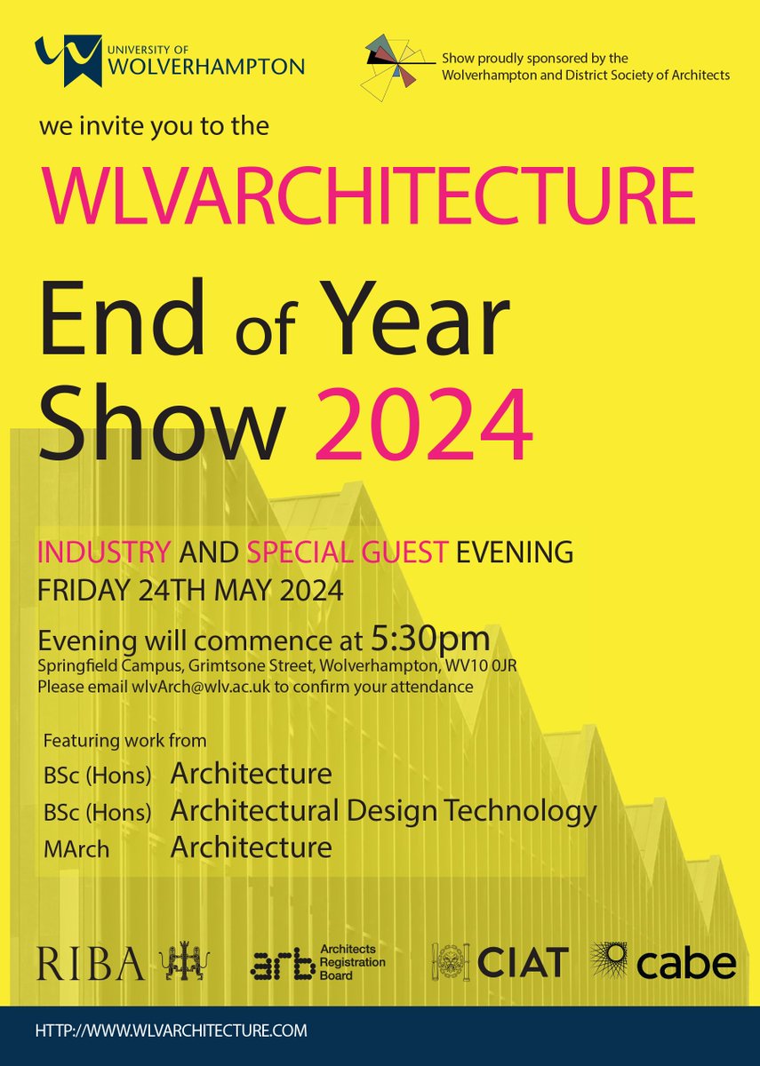 Olive W (@olivewhitearch) on Twitter photo Book your space at our <a href="/WLVArchitecture/">WLVArchitecture</a> EOYS showcasing work by both our architecture and architectural design technology students
RSVP - EMAIL
WlvArch@wlv.ac.uk Book your space at our <a href="/WLVArchitecture/">WLVArchitecture</a> EOYS showcasing work by both our architecture and architectural design technology students
RSVP - EMAIL
WlvArch@wlv.ac.uk