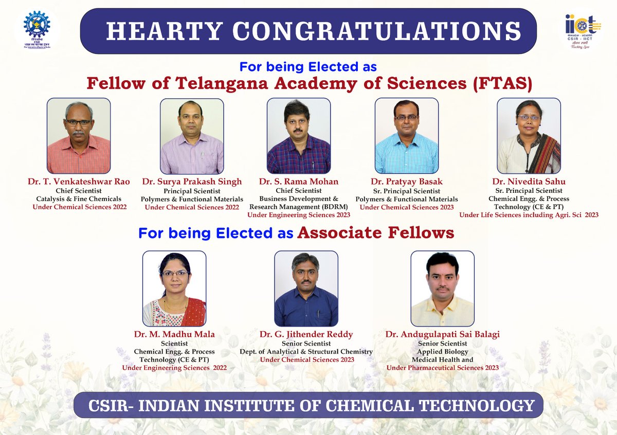 Congratulations to all the Staff of CSIR-IICT who have been elected to Telangana Academy of Sciences. @CSIR_IND @DrNKalaiselvi @CSIR_NIScPR @AcSIR_India