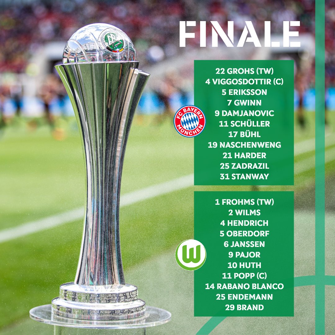 💥 Aufstellungen sind da ❗😍 🏆 So starten die @FCBfrauen & die @VfL_Frauen ins Finale des DFB-Pokals! 🙌 📺 Live ab 16.00 Uhr im ZDF und bei Sky. #DFBPokalFrauen #FCBWOB #ViaColonia | 📸 Imago