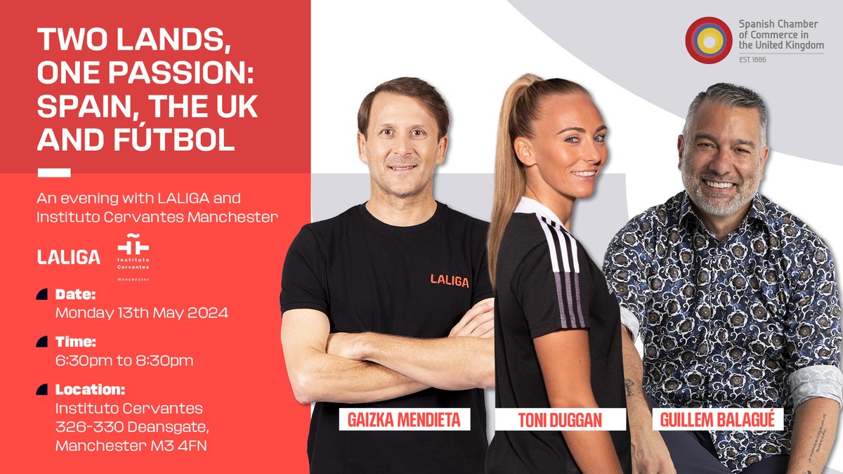 🇪🇸🇬🇧Don't miss 'Two Lands, One Passion: Spain, the UK, and Fútbol' presented by @LaLigaEN and Instituto Cervantes Manchester! ⚽️Join @toniduggan, @GuillemBalague, & @GaizkaMendieta6 for an engaging football conversation 📆13 May · 6:30 pm Register now: bit.ly/twolandsonepas…