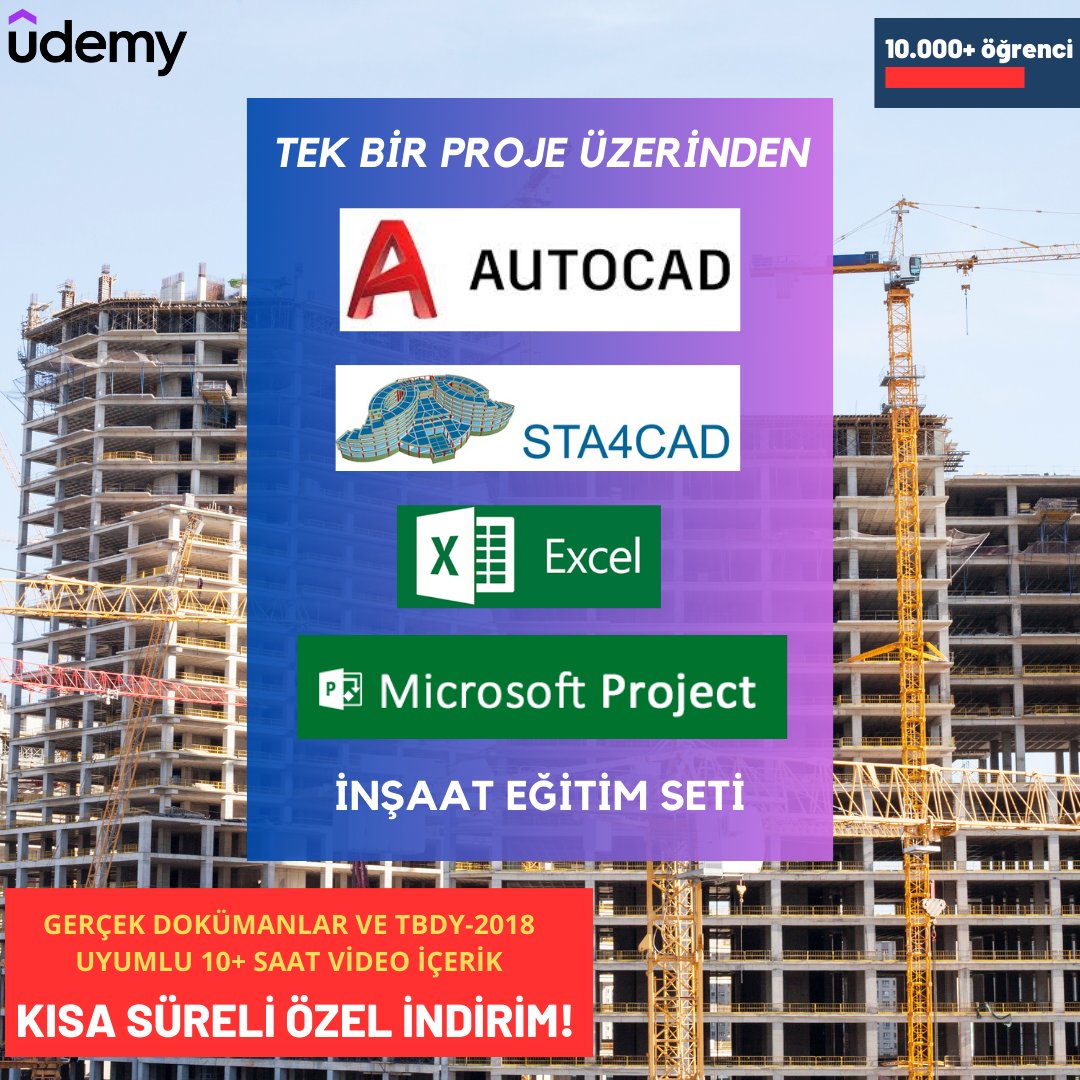 Bir inşaat projesinin aşamaları üzerinden AUTOCAD, STA4CAD, EXCEL ve MS PROJECT programlarının tek pakette anlatıldığı 'Tüm Aşamalarıyla İnşaat Eğitimi' seti şimdi kısa süreli indirimde! @insaatdr udemy.com/course/insaat-…