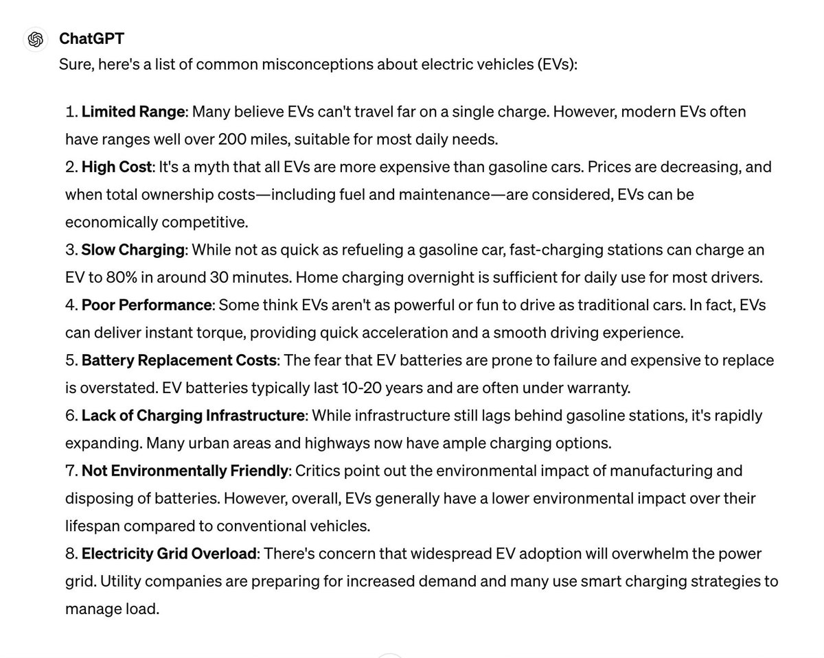 EV sceptics should just ask ChatGPT. Here’s a decent list rustled up by the all-seeing AI….