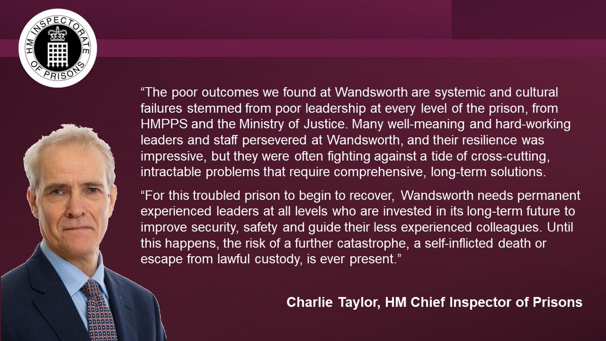 Yesterday, @charlie_taylor6 wrote to the Secretary of State for Justice @AlexChalkChelt to invoke the Urgent Notification process following our unannounced inspection of HMP Wandsworth between 22nd April and 2nd May 2024.