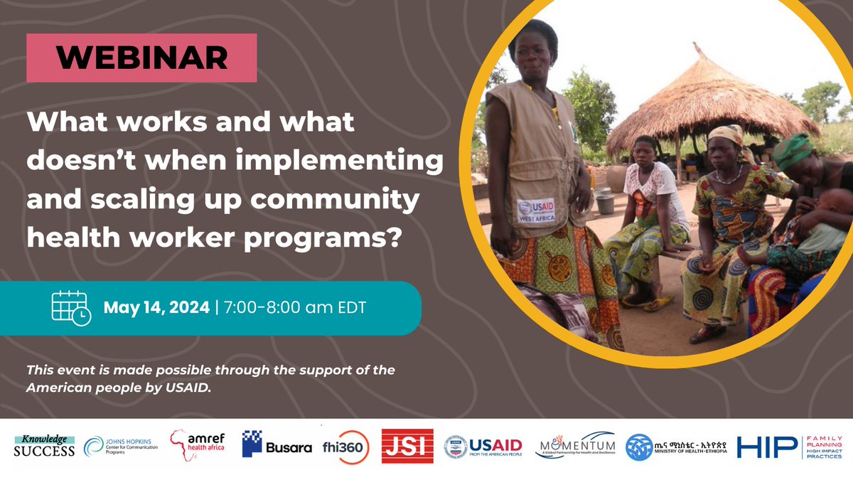 👋🏿 Webinar alert! Join @fprhknowledge for a discussion on implementing and scaling up the integration of community health workers into health systems 👩🏾‍⚕️🏠🚑 🗓️ May 14, 2024 ⏰ 7 am EDT | 2 pm EAT | 4 pm PST ✍🏽Register today: us02web.zoom.us/webinar/regist…