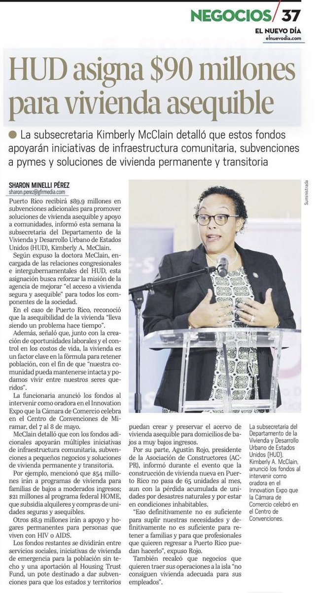 La Fortaleza (@lafortalezadepr) on Twitter photo Puerto Rico recibira $89.9 millones en subvenciones adicionales para promover soluciones de vivienda asequible y apoyo a comunidades, informó la subsecretaria del Departamento de la Vivienda y Desarrollo Urbano de Estados Unidos (HUD), Kimberly A. McClain | vía <a href="/ElNuevoDia/">El Nuevo Día</a> Puerto Rico recibira $89.9 millones en subvenciones adicionales para promover soluciones de vivienda asequible y apoyo a comunidades, informó la subsecretaria del Departamento de la Vivienda y Desarrollo Urbano de Estados Unidos (HUD), Kimberly A. McClain | vía <a href="/ElNuevoDia/">El Nuevo Día</a>