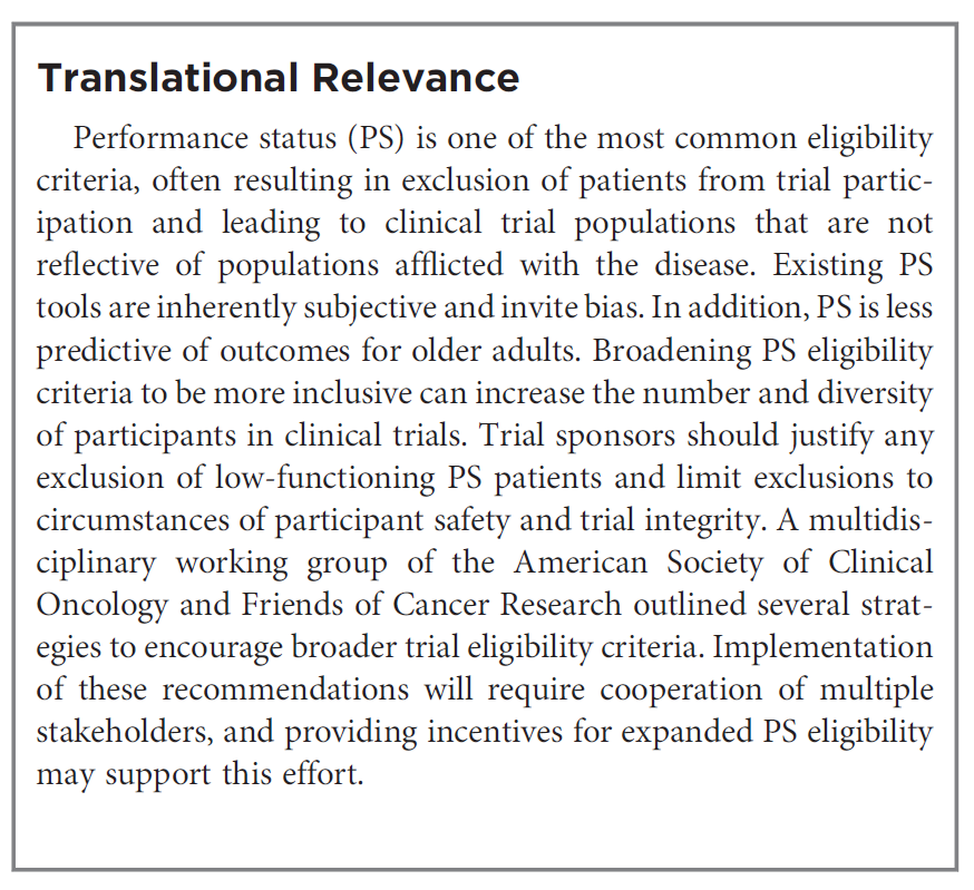 Modernizing Clinical Trial Eligibility Criteria: Recommendations of the ASCO-Friends of Cancer Research Performance Status Work Group [Feb 9, 2021] @DrAllisonMags et al. @ASCO @CancerResrch @CCR_AACR ow.ly/H6qM50Dw8uD #ClinicalTrials #ctsm @FDAOncology