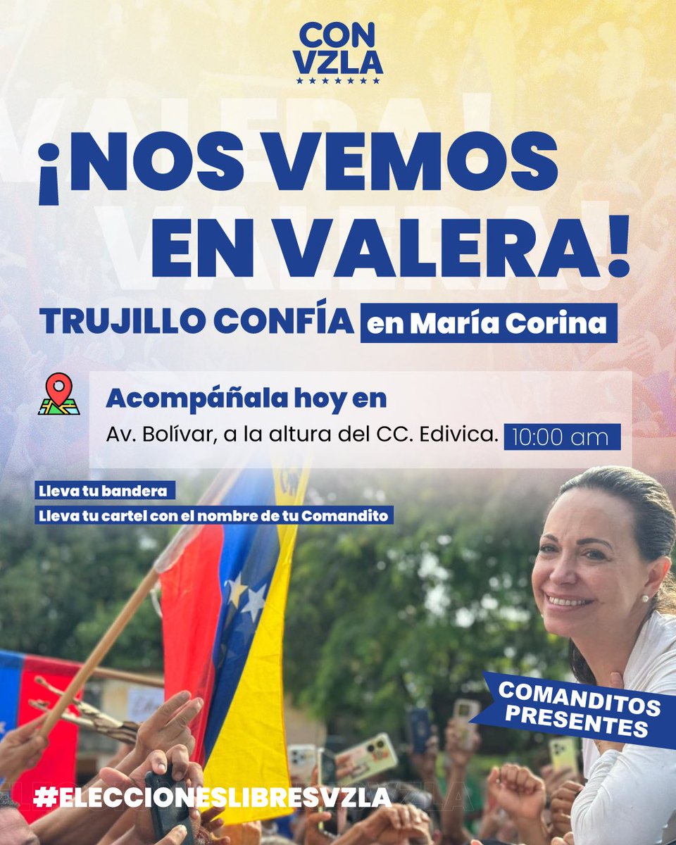 ¿Estás en Valera? ¡María Corina estará en la avenida Bolívar! Te esperamos a las 10:00 am a la altura del CC. Edivica. #Trujillo @MariaCorinaYA #EleccionesLibresVzla