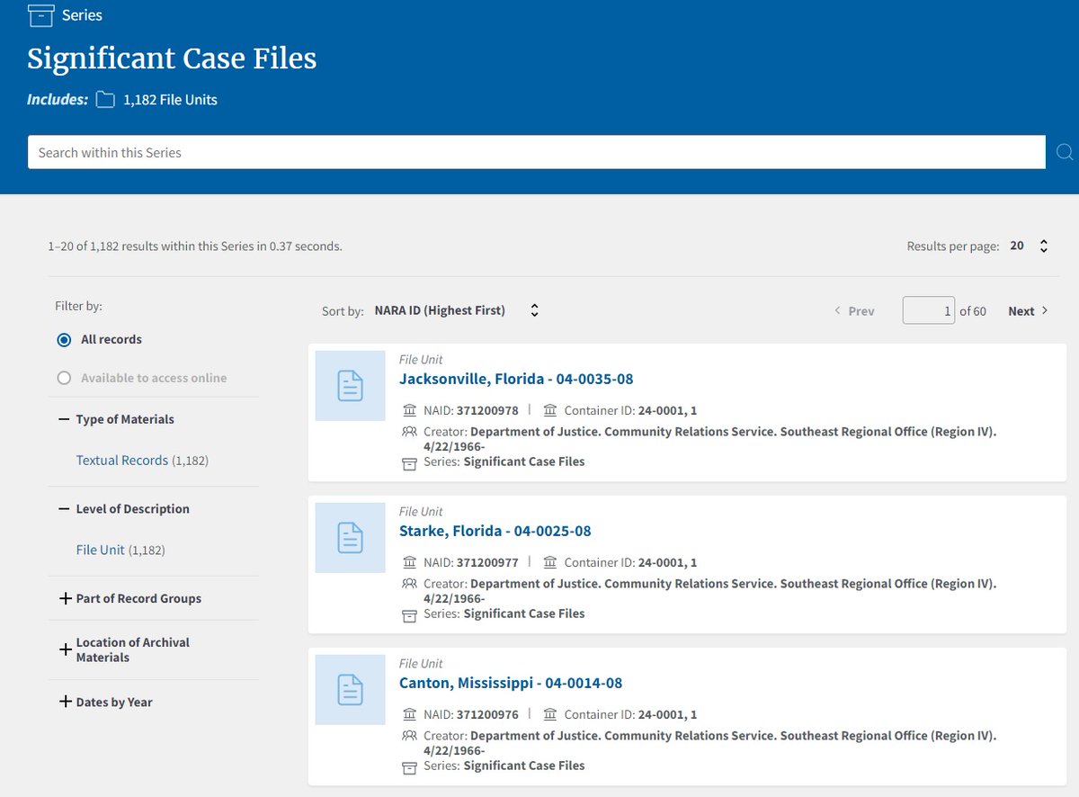 Once again, it is #FindingAidFriday! We now have new significant case files up to 2008 from the Atlanta and Miami regions of the Community Relations Service and have made the locations and case numbers available on the Catalog!

Start your perusing here: catalog.archives.gov/search-within/…