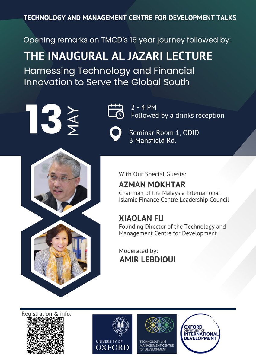 Join us for a formidable event on Monday at @ODID_QEH ! This event will feature: 🔵Reflections on the brilliant work @XiaolanF has done at @OxfordTMCD over the last 15 years. 🟢 Big announcement regarding the future of @OxfordTMCD 🔴The inaugural Al-Jazari Lecture series to…