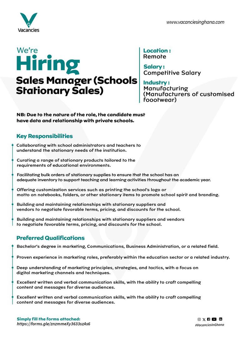 Sales Manager( Schools Stationery Sales) Location: Remote Salary: Competitive Industry: Manufacturing Due to the nature of the role, the candidate must have data and relationship with private schools. forms.gle/bC3Xj4wuLF5nNm…