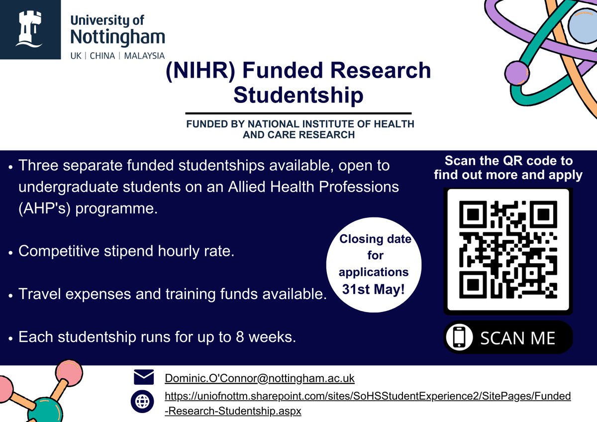 Apply now for a Research Studentship funded by The National Institute for Health and Care Research. This is a fantastic opportunity to gain paid research experience in health & care research. Find out more and apply uniofnottm.sharepoint.com/sites/SoHSStud…