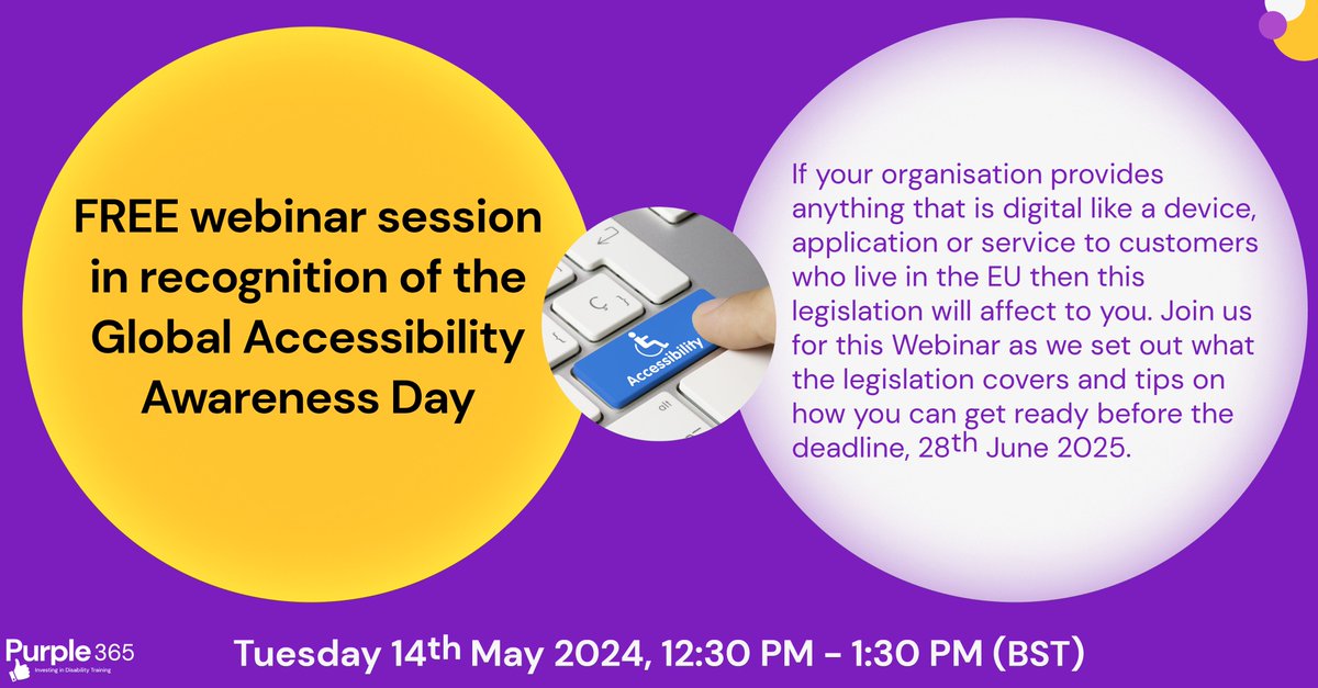 📢The next #Purple365 webinar will be open to everyone, and free to attend! It is being held in recognition of #GlobalAccessibilityAwarenessDay Get tickets here: buytickets.at/purple/1123405 #Disability #FreeWebinar