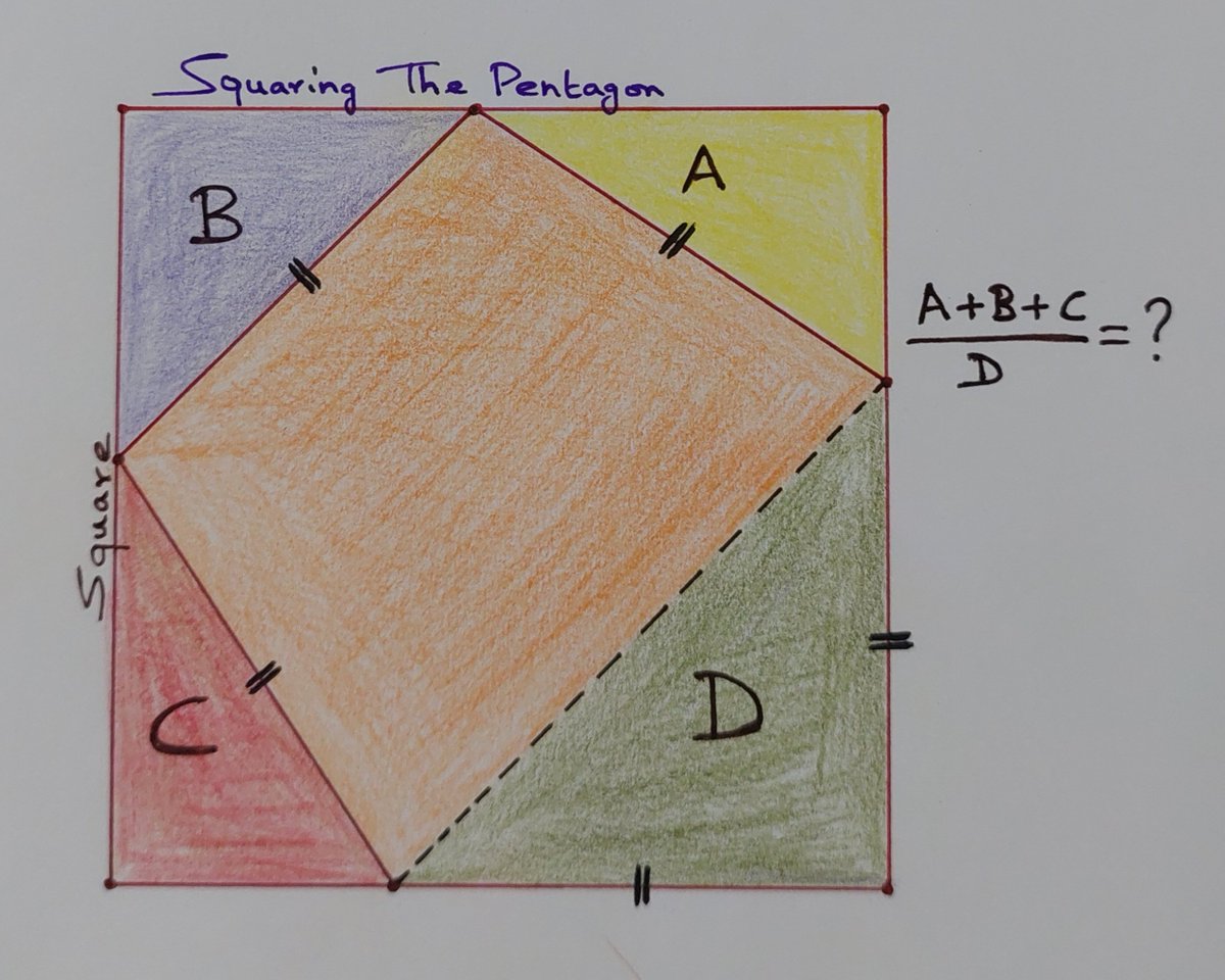Squaring the Pentagon

Pentagon with equal sides, inside a square. (A+B +C):D = ?

#pentagon #geometry #square #geometrique #ratio #puzzle #thinking #logic #reasoning #today #mathteachers #teachmath #competition #math #teacher #mathematics #Algebra #highschool #students #learning
