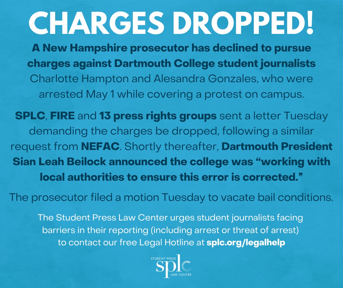 ⚠️ NEWS: Two @thedartmouth student journalists no longer face trespass charges for merely covering an on-campus protest. We're thrilled this chapter is over, but we're eager to hear how @dartmouth will ensure it won't happen again. More ➡️ loom.ly/RKmZXLw