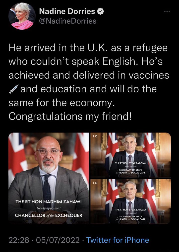 A throwback to when Nadine posted this on Zahawi, then quickly deleted it. Then posted again, with duplicate photos of the actual health secretary. Then deleted again