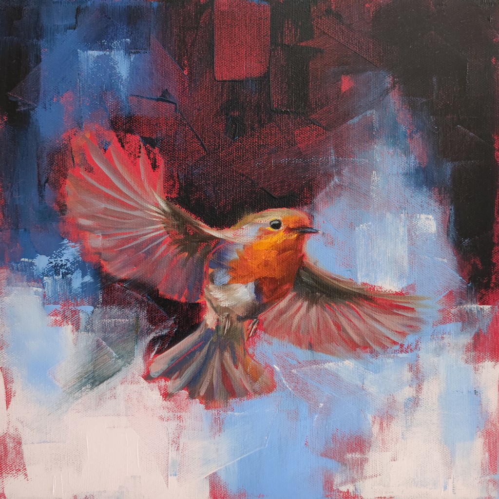 Behold, a soaring #robin painting, a beautiful symbol of love, spring, and hope. Here's to embracing optimism and aiming for the best!⁠ ⁠ Title: 'Song of Hope' oil canvas panel 12x12' £500 (~$645)⁠ ready to ship!⁠ ⁠khortview.etsy.com/listing/143852…