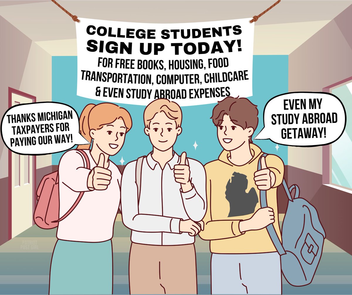 No more student loans to pay, because the #PoorMichiganTaxpayers are here to save the day. While you struggle to afford your groceries and gas, the Lansing lefties have proposed you fund a college student’s study abroad getaway. 

#PoorMichiganPaysTheirWay…