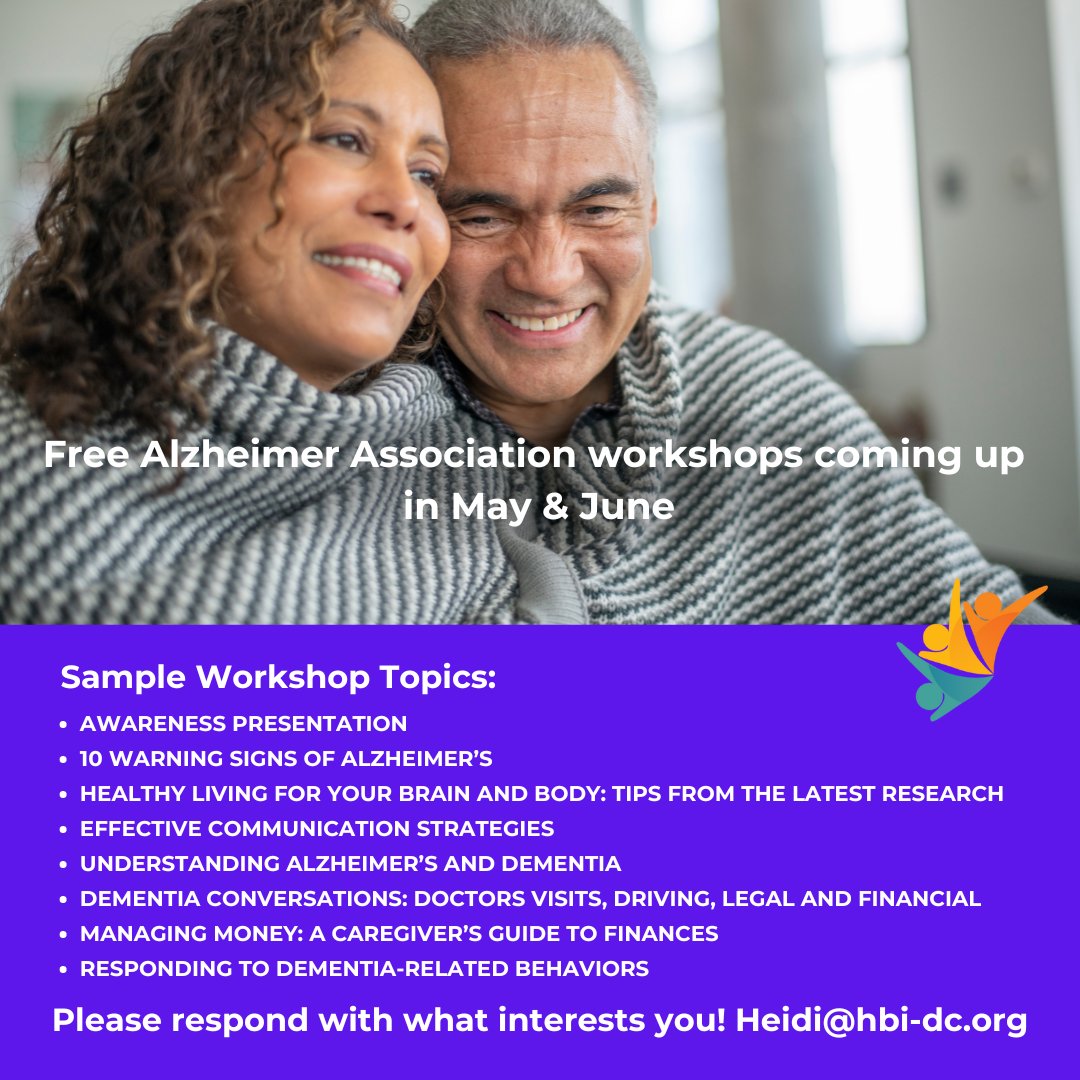 We want to hear from you! Please let us know what topics interest you for FREE Alzheimer's Association workshops provided by HBI-DC.org. Let Heidi@hbi-dc.org know today!  #WeAreHereForYou #AlzheimersAssociation #HBI-DCFreeWorkshops