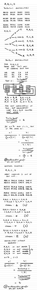 tiago_hands's tweet image. Workings that lead up to an even more comprehensive understanding of the formula n!/[(n-r)!r!]. #combinatorics #permutations #furtherpuremaths #alevelmaths