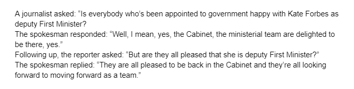 From post-FMQs media briefing. First Minister John Swinney's spokesman refuses to say if SNP cabinet ministers are happy with Kate Forbes becoming Deputy First Minister