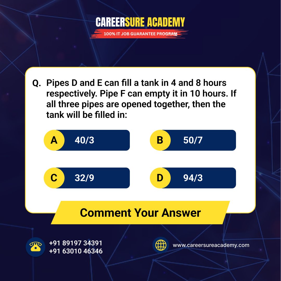 Are you preparing to enhance your problem-solving abilities? Take on our Pipes & Cistern challenge from CareerSure Academy! Put your skills to the test and share your answers in the comments. Let's see if you've got what it takes to master it!
#CareerSureAcademy #AptitudeSkills