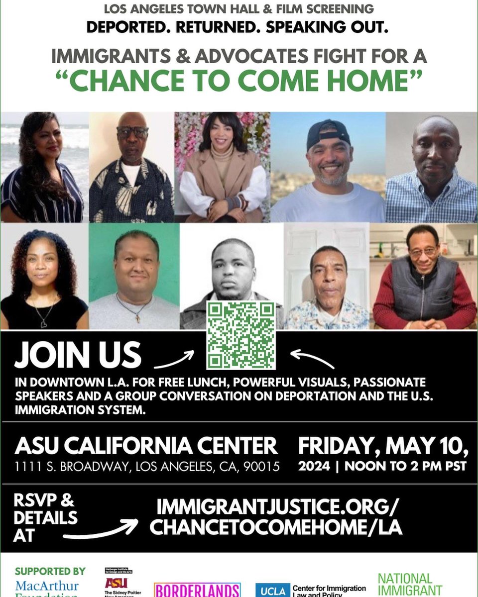 Deported. Returned. Speaking Out. Join me TOMORROW LIVE from LA for 🎥 screening & 🔥 event w two deported advocates fighting for a #ChancetoComeHome + awardwinning filmmaker @Alex_Rivera + legal expert 🧠 @ahilan_toolong. RSVP👇🏽virtual OR live, noon PST/3 EST @NIJC @UCLA_CILP