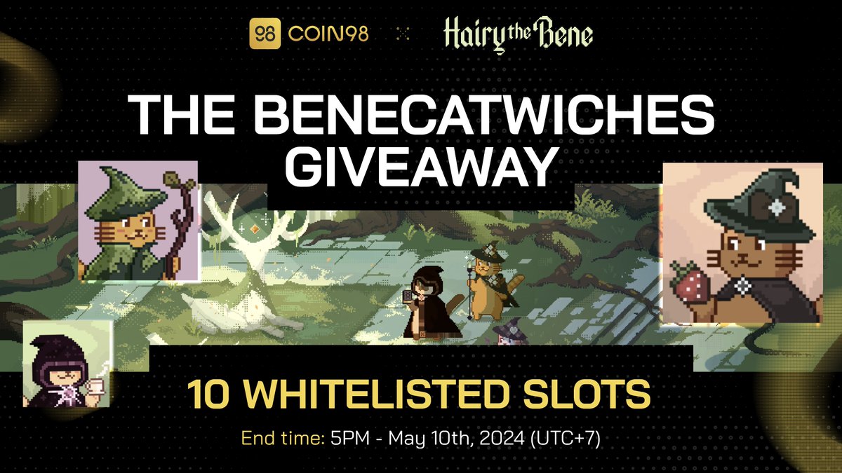 You've got the power, now let's see it shine! 🪄

<a href="/BeneCatwiches/">Hairy The Bene</a> is rolling out an exclusive giveaway for Coin98 users!

🎁 Reward: 10 whitelisted spots for the BeneCatwitches NFT Collection.

How to join:
1️⃣ Complete QuestN tasks 👉app.questn.com/quest/90287134…
2️⃣ DM <a href="/BeneCatwiches/">Hairy The Bene</a>