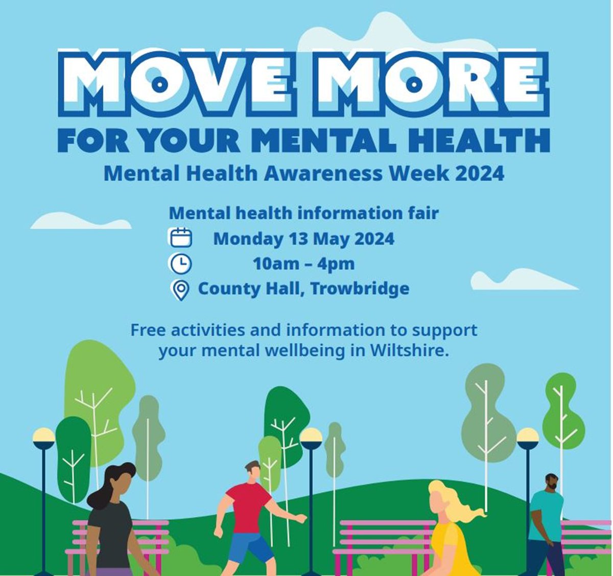 Next week is Mental Health Awareness Week. There will be a free mental health information fair at County Hall in Trowbridge on Monday 13th May, 10am - 4pm, to take part in activities and find out how to improve your mental wellbeing. #MHAW