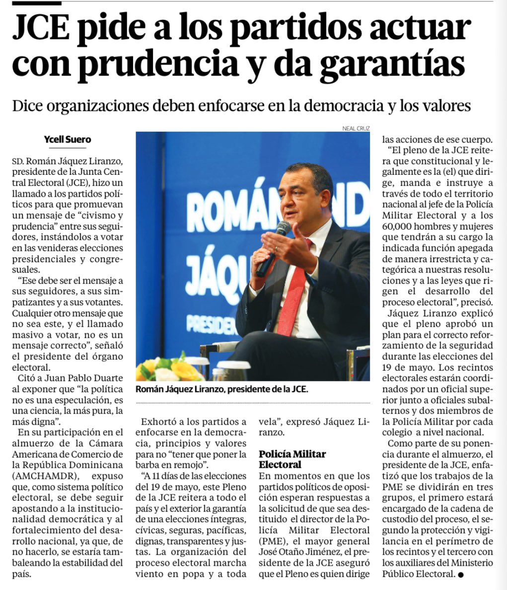 El Presidente de la Junta Central Electoral (@juntacentral), Roman Jacquez hizo un llamado a los partidos políticos para que promuevan un mensaje de civismo y prudencia entre sus seguidores, instandolos a votar en las venideras elecciones presidenciales