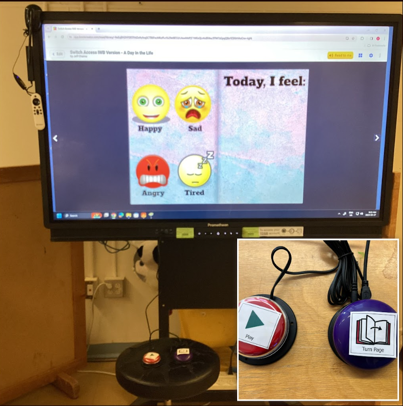 #ThrowbackThursday Using @BookCreatorApp w/ switch access in DK class for 1st time! Ss use one switch to read text & another one to turn page. It can help the student access the computer or IWB & promote independence & inclusion. #UDL #AssistiveTechnology #accessibility #SEL