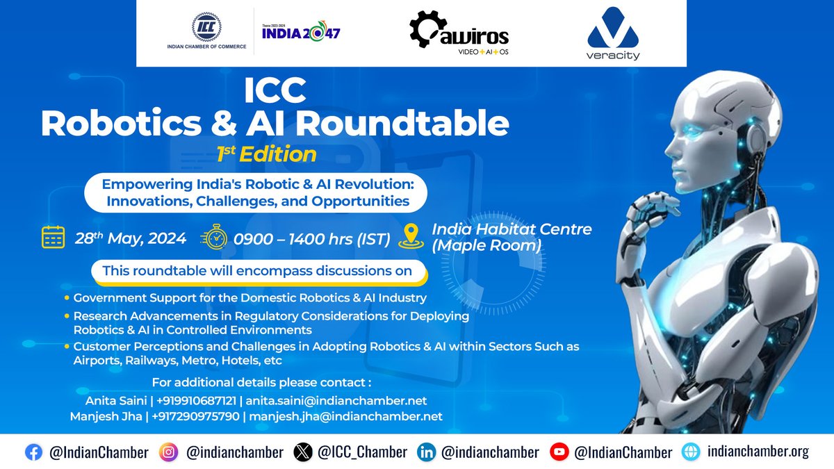 Join us for ICC Robotics & AI Roundtable, the 1st Edition Automation in Travel Industry. 📅 Date: 28th May, 2024 🕒 Time: 0900-1400 hrs (IST) 🏛️ Venue: India Habitat Centre (Maple Room) Topics include government support for robotics, research advancements, deploying robots, and…