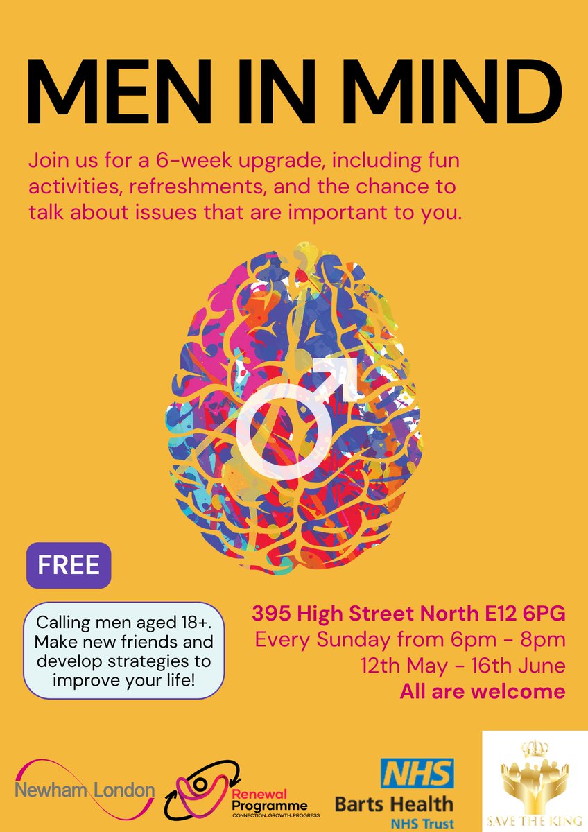 In the lead up to Mental Health Awareness Week, we are launching ‘Men in Mind’ - a 6-week upgrade for men in the community to make genuine connections, have meaningful discussions, and have a space to just be!

🗓️ Starting this Sunday
⏰ 6 - 8pm
📍395 High Street North, E12 6PG