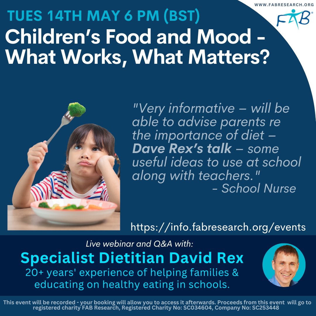Children’s Food and Mood - What Works, What Matters? Learn ways to improve children’s relationships with food to benefit their long-term health and wellbeing with Specialist Dietitian David Rex info.fabresearch.org/events/childre… > Early Bird discount ends tomorrow at 23:59 #schoolhealth