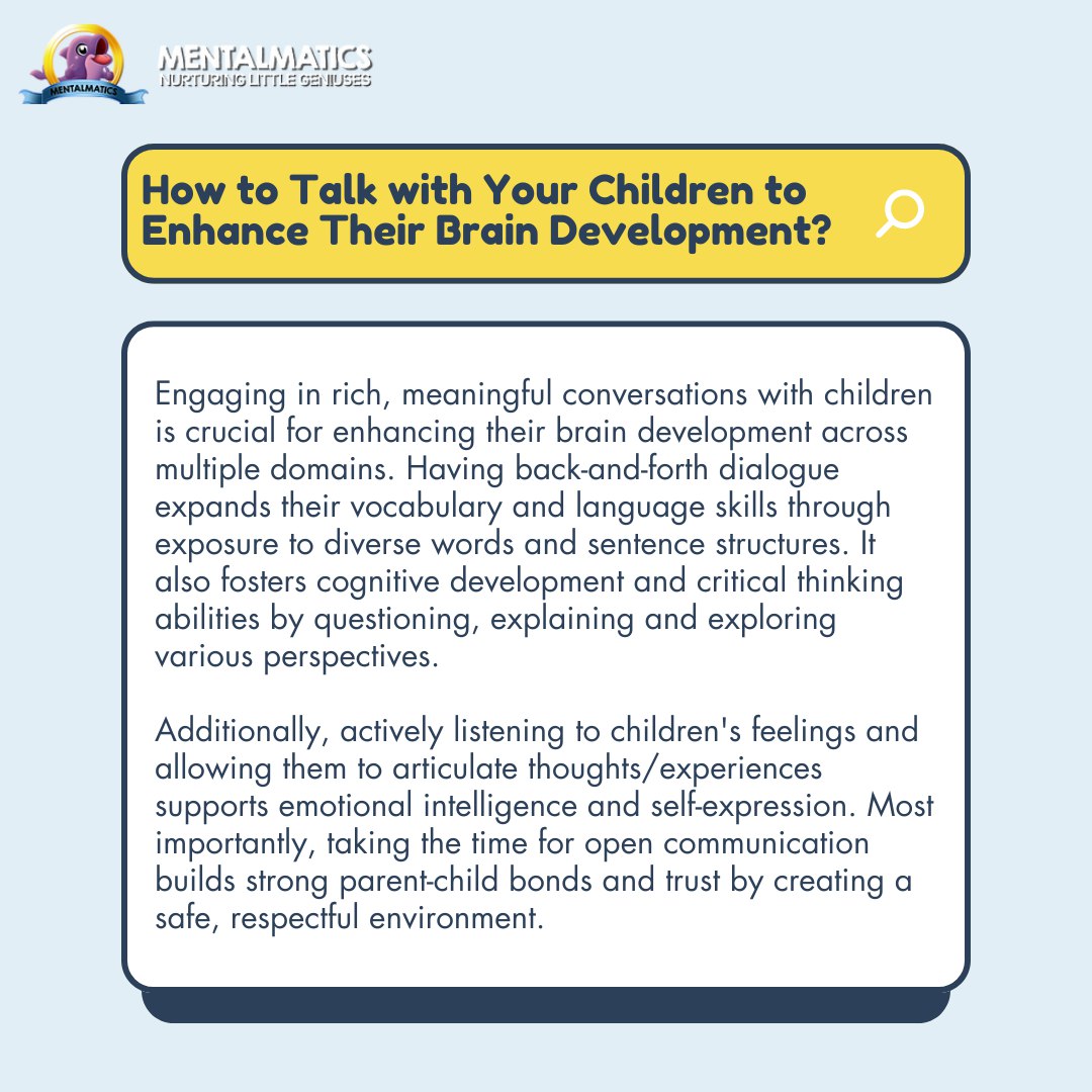 Talking💬with our children is one of the most powerful steps to unlock their boundless potential🚀and set them on a trajectory towards a truly fulfilling life.🧠✨

Read more here:
mentalmatics.com.sg/post/how-to-ta…

#Mentalmatics #ParentingTips #ChildDevelopment #MentalMath #EarlyEducation