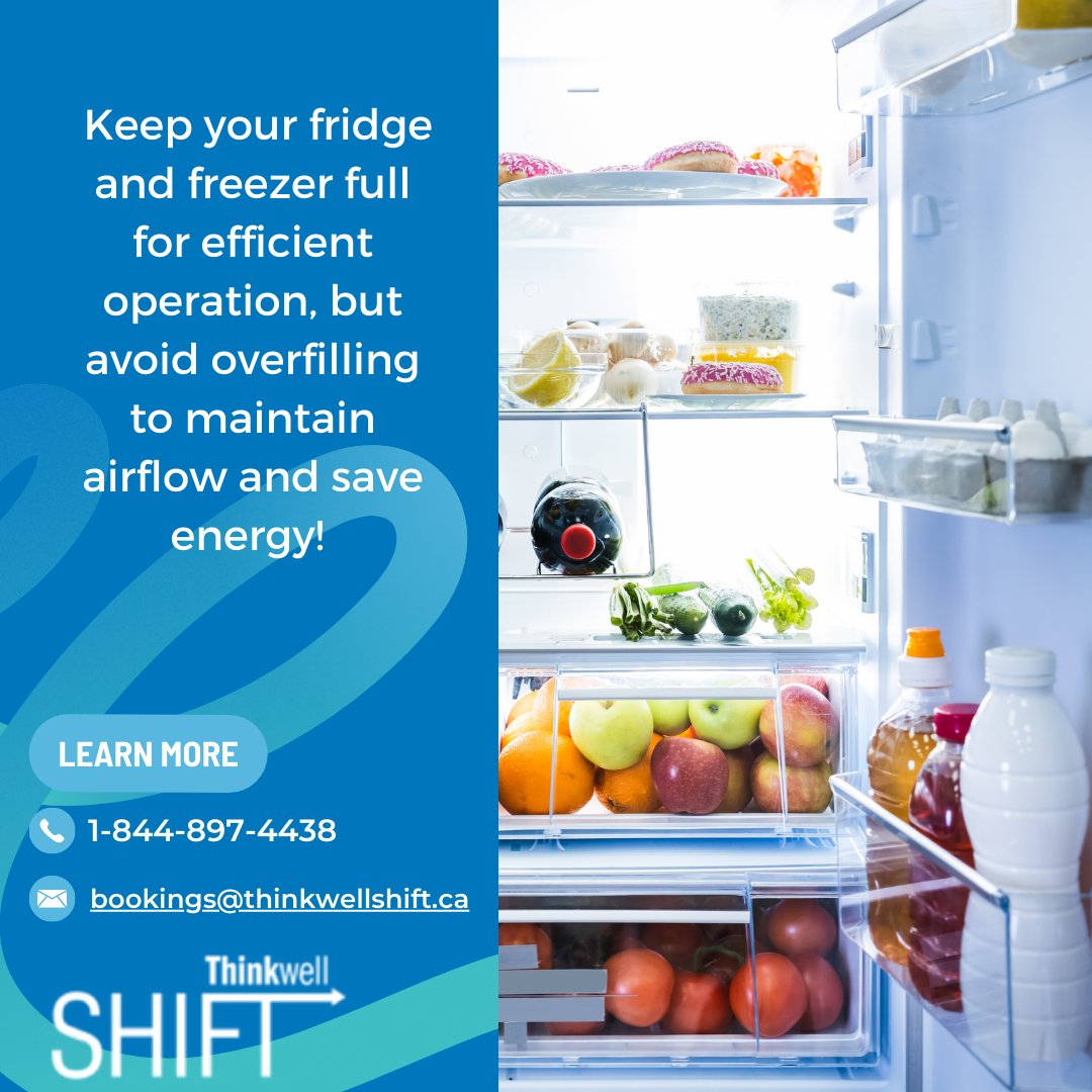 ThinkwellShift's tweet image. Did you know refrigerators and freezers operate most efficiently when full? By keeping your refrigerator stocked (you can use water bottles if needed) you reduce the amount of energy it uses! However, keep in mind: overfilling can reduce airflow and make appliances work harder.